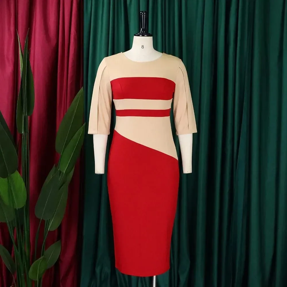 Women Dress for Work Elegant Office O Neck Three Quarter Sleeve Patchwork Sheath Package Hips Mid Calf Professional Business Hot — image 3