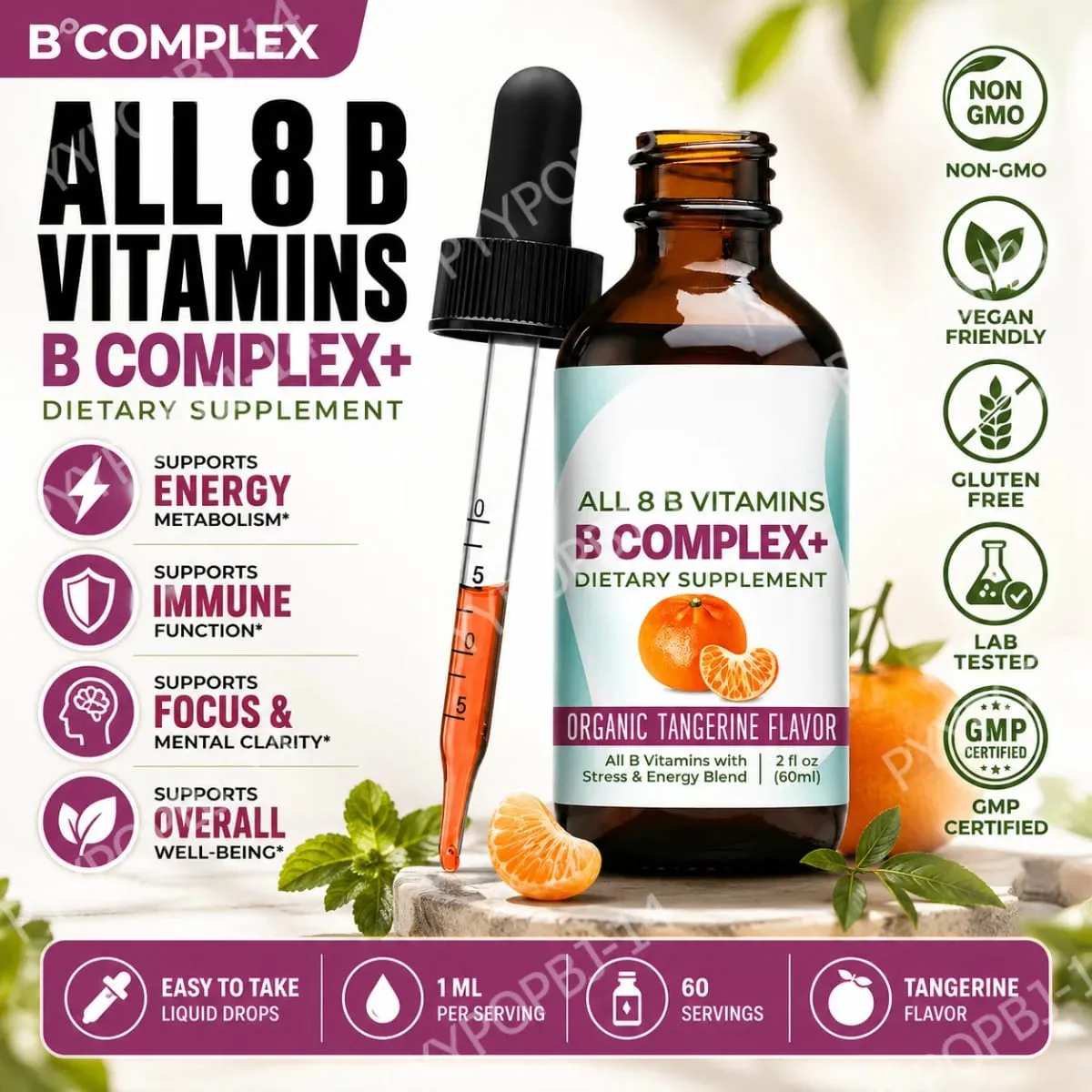 Vitamin-B-Komplex, flüssige Tropfen-Ergänzung, vegan, B1, B2, B3, B5, B6, Biotinfolat und Cholin plus Mischung zur Energieunterstützung, 60 ml