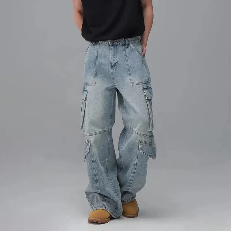 Mænds forår og sommer arbejdstøj design jeans med flere lommer Retrovaskede japanske og koreanske fritidsbukser Løse bukser med brede ben — image 6