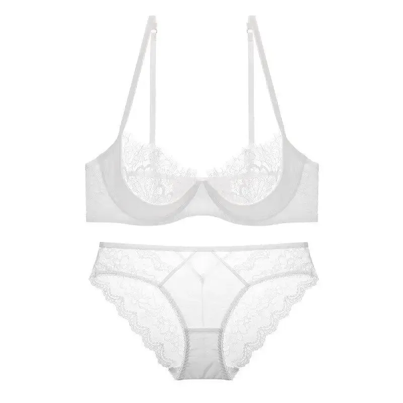 Set Bra Setengah Cangkir Renda Tipis Ultra Tipis Wanita Peminimal Payudara Besar Mendukung Pengangkat Pakaian Dalam Lingerie Kasual Nirkabel Ringan S-XL — image 9