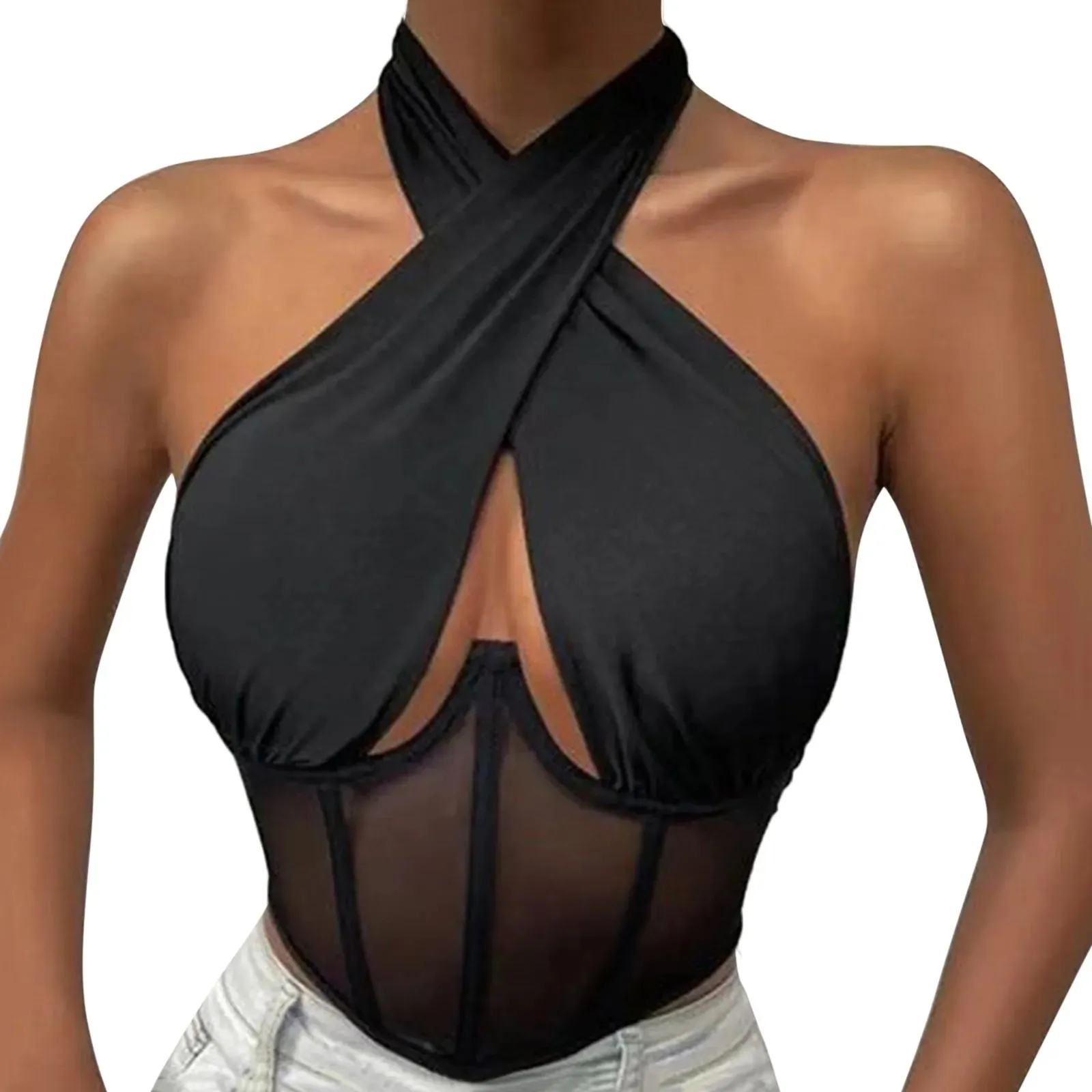 Frauen Ärmellose Fishbone Korsett Weste Solide Aushöhlen Cropped Top Sommer Halter-Backless Sexy Tops Y2k Camis Ropa De Mujer — image 9