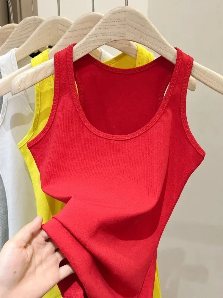 Neue Koreanische Stil U-Neck Ärmellose Strap Tank Tops Abnehmen Basis Schicht Top Mode Minimalistischen Design Sommer Weibliche Solide camis — image 4