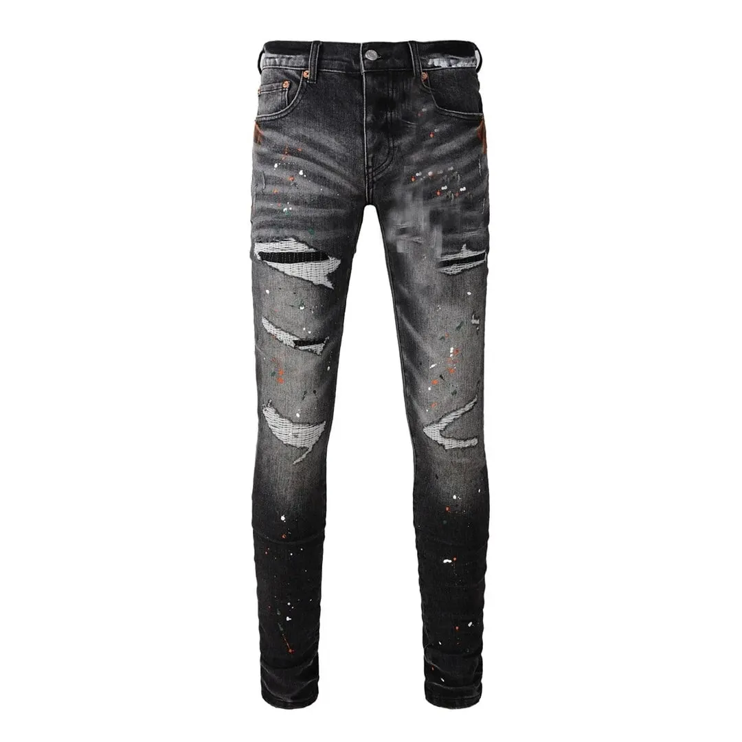 Pantaloni da uomo High Street Jeans American Distressed Nero scuro rivestito bianco elasticizzato con bottoni skinny e pantaloni strappati
