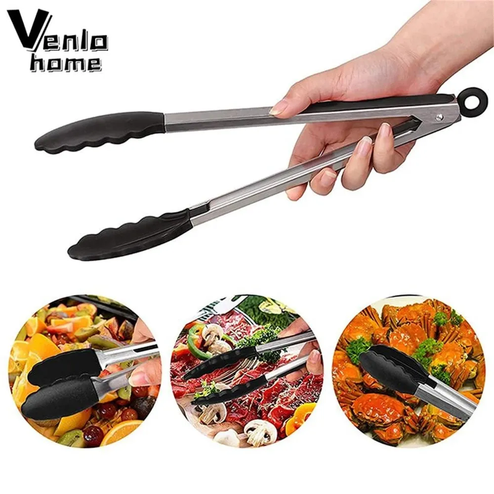 Penjepit Silikon Dapur Baja Tahan Karat BBQ Peralatan Dapur Anti Lengket Penjepit Memasak Barbekyu dengan Aksesori Dapur Kunci Bersama — image 8