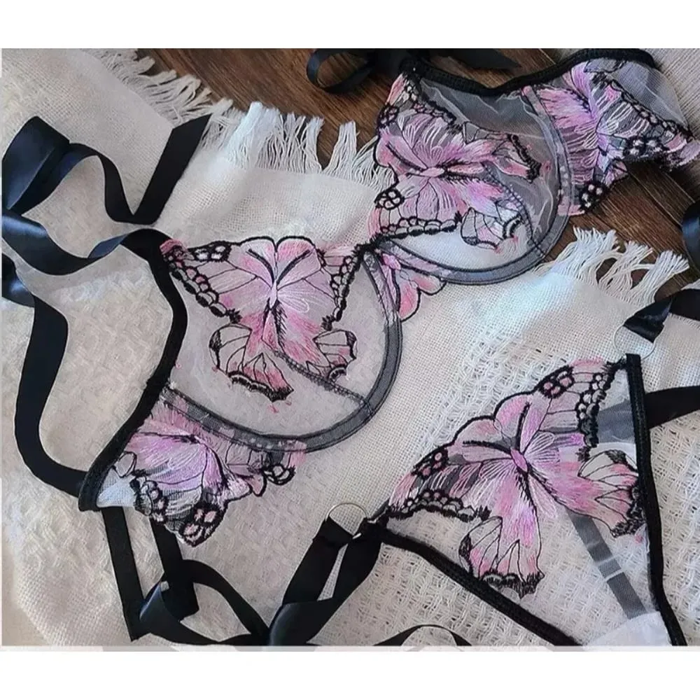 เจียมเนื้อเจียมตัวโรแมนติกลูกไม้ผีเสื้อเย็บปักถักร้อย Sheer ตาข่าย Camisole ชุดนอนผู้หญิงสวมใส่ทุกวัน Push Up ชุดชั้นในชุด 34-40 — image 3