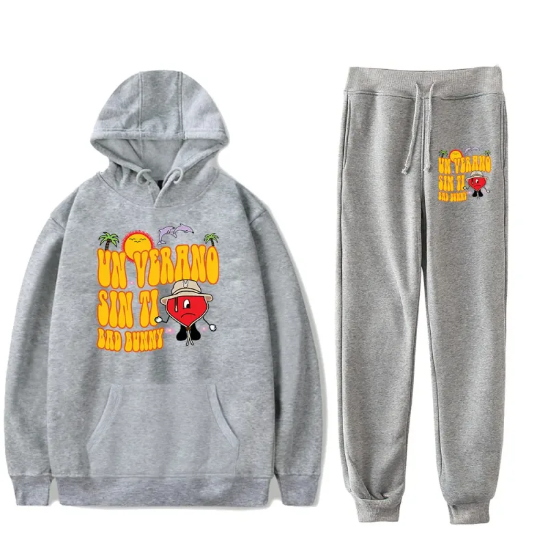 Comfortable Bad Bunny Un Verano Sin Ti logo Rapper Print Sweatshirt Sweatpants Suit Hoodies+Trousers Suit 2 Piece Set Clothes — image 3
