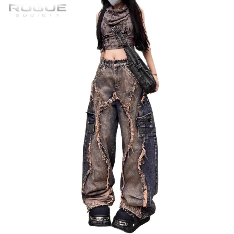 Y2K Grunge Deconstructed Distressed Farmer Uniszex Patchwork mosott széles szárú farmer nadrág Hip Hop utcai viselet Harajuku punk nadrág — image 5