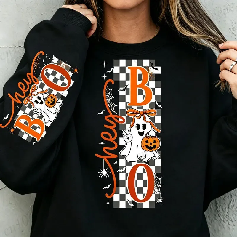 ฮาโลวีน Hey Boo เสื้อสเวตเตอร์สำหรับทั้งชายและหญิงน่ารักโบว์ผีฟักทองกราฟิกคอกลมแขนยาวลำลองฤดูใบไม้ร่วงเสื้อสวมหัวผ้าฝ้าย 330gsm