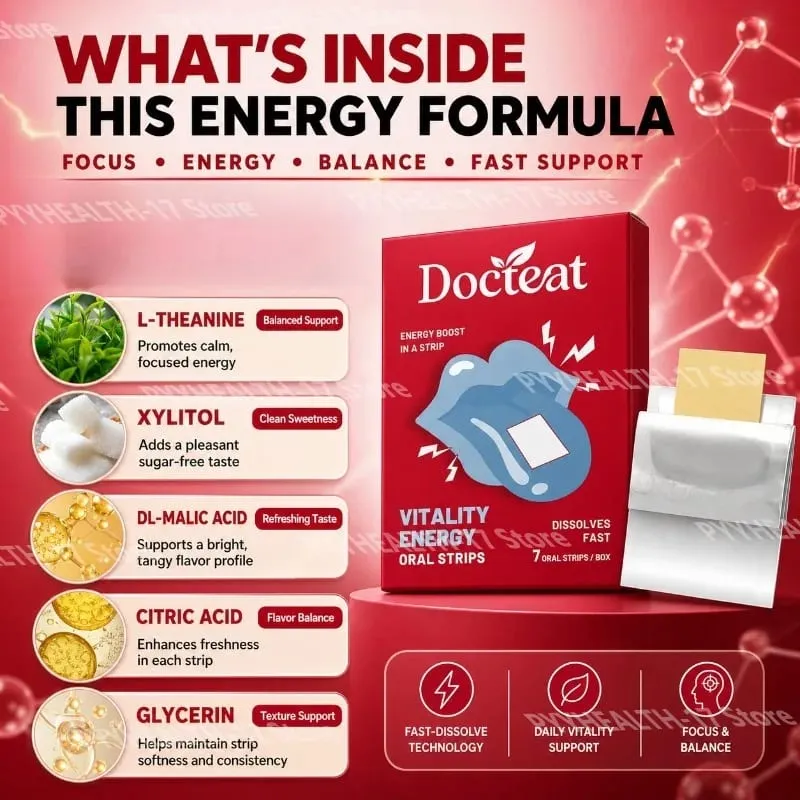 Docteat Vitality Energy Oral Strips, die im Mund schmelzen, lösen sich schnell auf, L-Theanin, kein Wasser erforderlich, bleiben wach, unterstützen 7 Strips — image 2