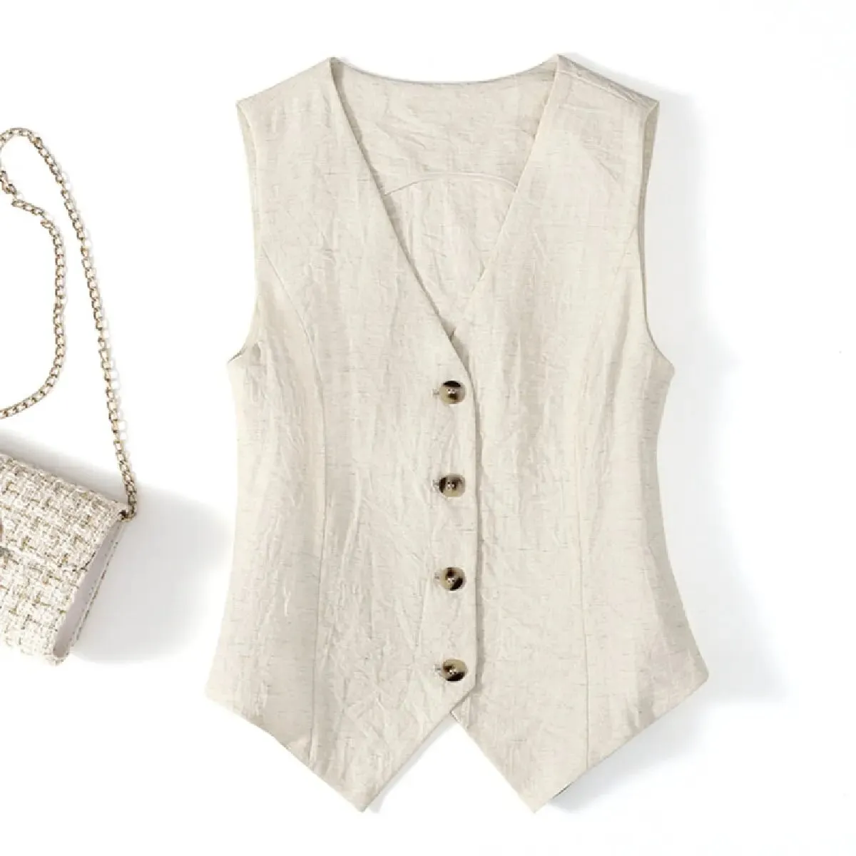 Gilet estivo in lino tinta unita, gilet da donna sottile, vestibilità slim, abito corto senza maniche, gilet con scollo a V