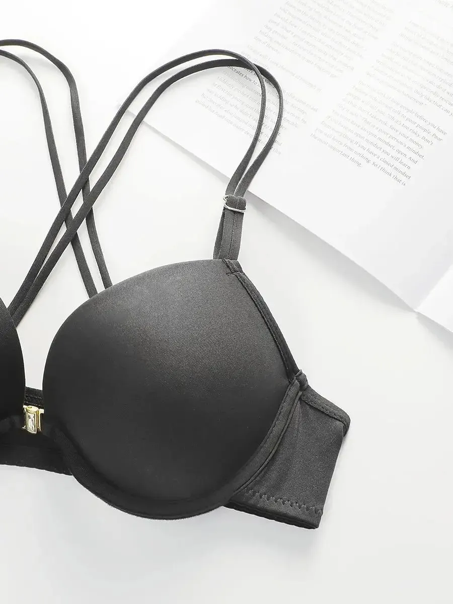 Conjunto de sujetador con tiras cruzadas y botones delanteros para mujer, Push Ups, encaje de Color sólido, conjunto de ropa interior informal cómoda para uso diario Sexy A2159 — image 4