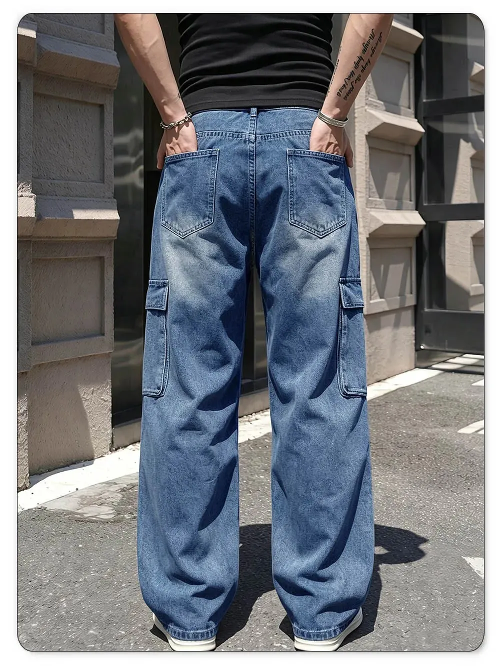 Męskie jeansy cargo w stylu retro z wieloma kieszeniami, odpowiednie na każdą porę roku. Luźne, proste nogawki. Codzienne, codzienne spodnie dżinsowe — image 7