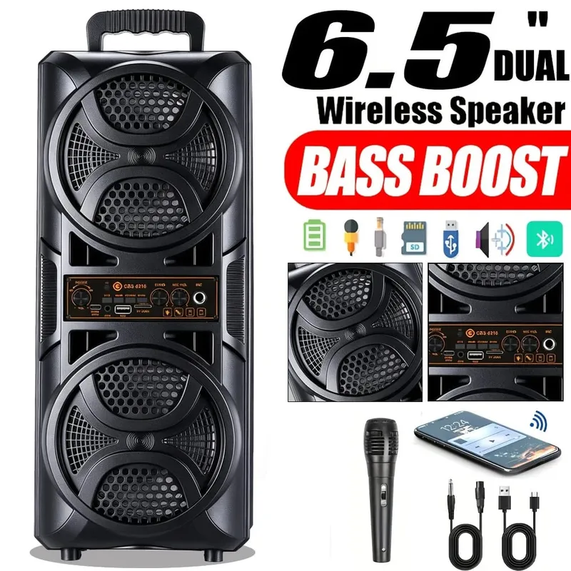 Tragbarer Bluetooth-Party-Box-Lautsprecher, Dual-6,5-Zoll-Subwoofer, schwerer Bass-Boombox mit kabelgebundenem Mikrofon, unterstützt 6,35-mm-Mikrofon, AUX-TF-Karte, USB-FM-Radio für Outdoor-Camping, Heim-Karaoke-Party