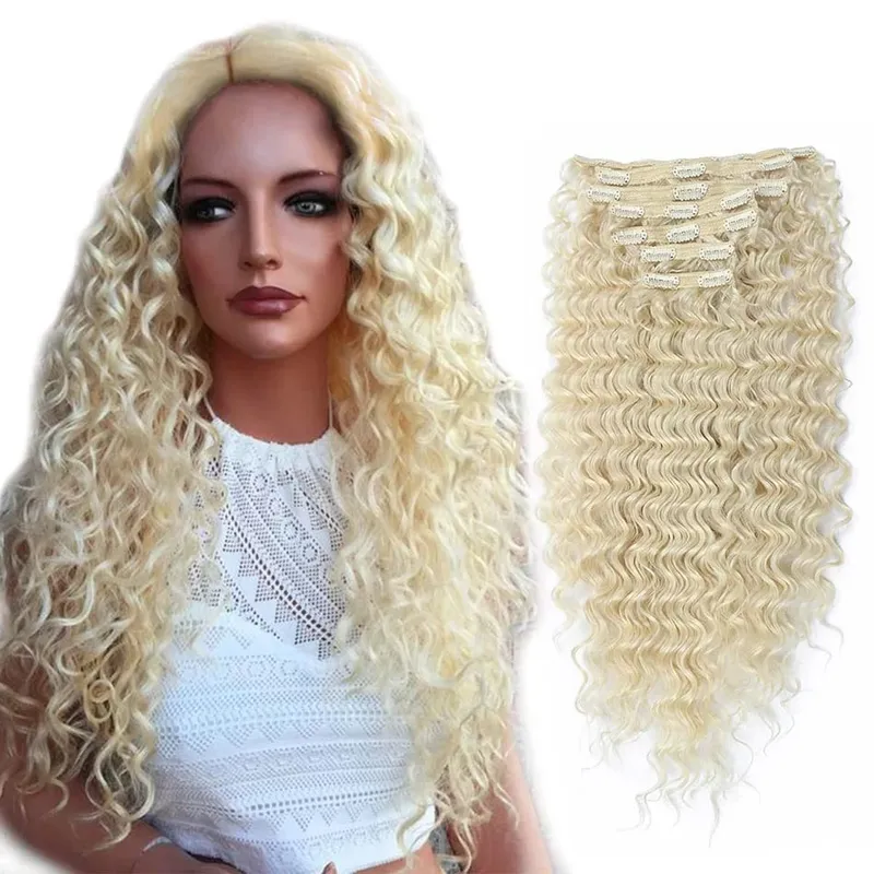 Extension synthétique à Clip pour femmes, Extension de tête complète, longue, crépue et bouclée, faux cheveux, épingle à cheveux noire et brune pour femmes — image 16