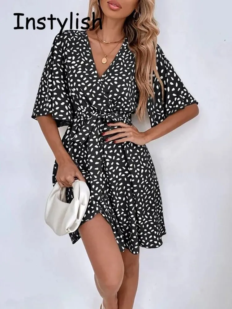 Casual Dot Print Mini Dress with Belt Elegant Chic Half Sleeve V Neck A Line Sundress Vintage Harajuku Short Dress Beach Party — image 7