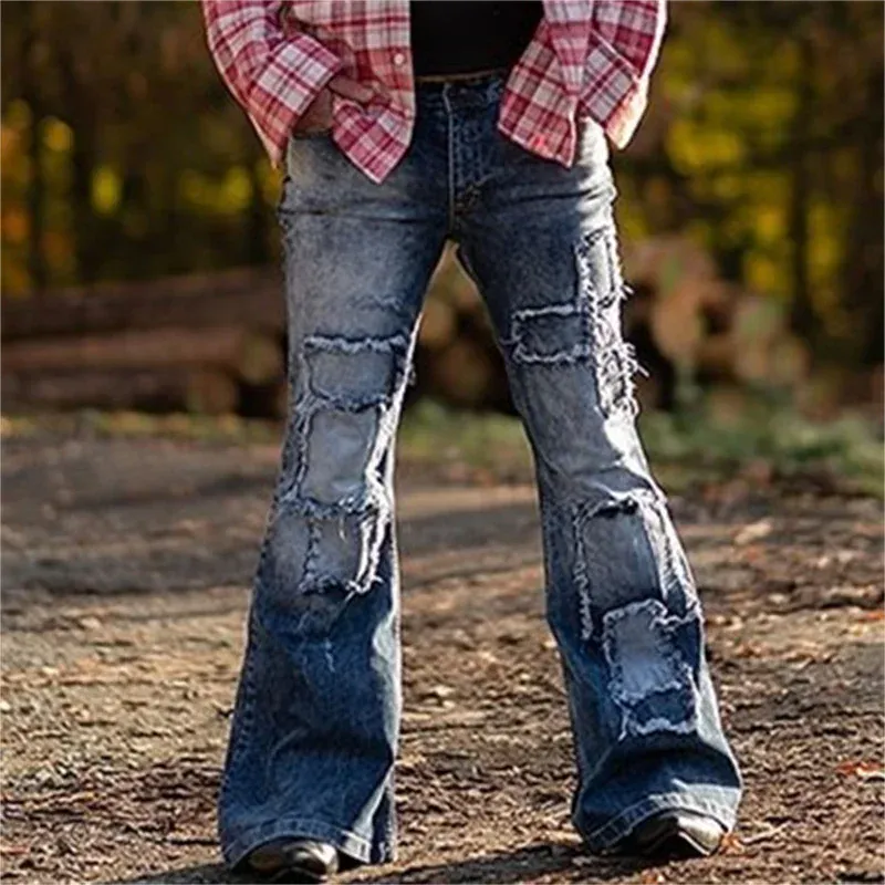 Vintage Patch Stretch American Style Flared Jeans Men's Streetwear Button Splicing Pocket Male Youth Daily Casual Denim Pants 23 — image 3