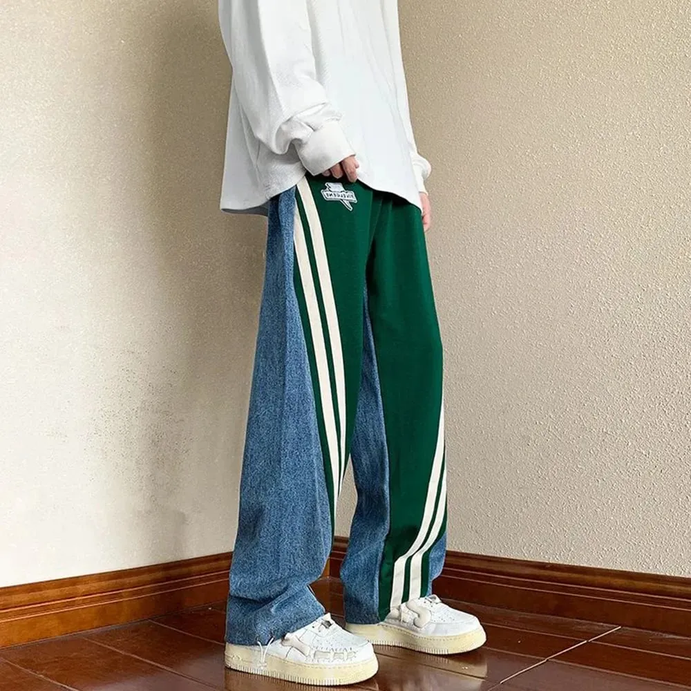 Mens Y2K Tracksuits Denim Drawstring Casual Pants Street Straight Pants Unisex Fashion Stitching Contrast Jeans Hip-Hop Trousers — image 10