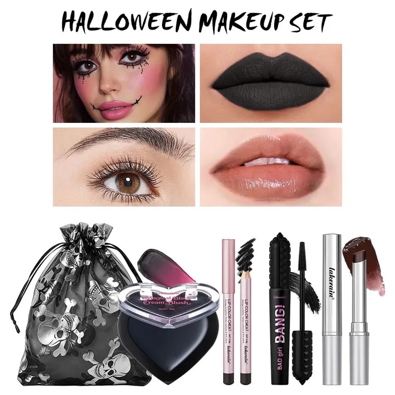 Kit Mekap Halloween Gothic Warna Tepu Tinggi Tahan Lama Mudah Dimatikan Formula Selamat Maskara Krayon Bibir untuk Harian & Pesta
