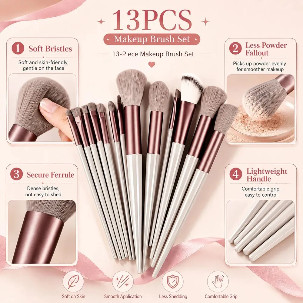 Sada 13 ks štětců na make-up Měkké štětce na make-up na obličej a oči pro podkladový pudrový korektor a oční stíny