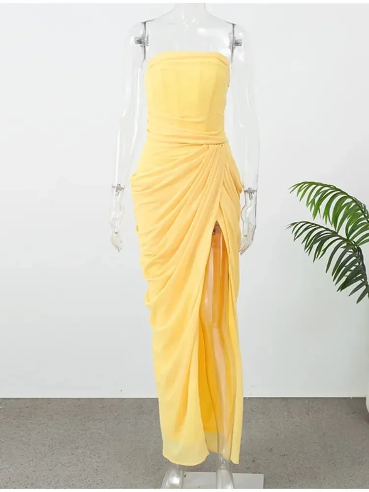 Robe plissée sans bretelles pour femmes, couleur unie, dos nu, épaules dénudées, taille haute, fendue, Sexy, robe de soirée, été, 2026 — image 5