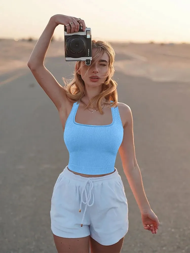 Débardeur côtelé à col carré pour femmes, Camisole d'été basique élastique sans manches — image 4