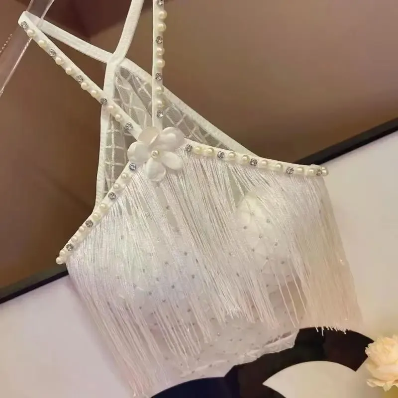 Dekoratives Neckholder-Top mit gepolsterten Körbchen, langer Quaste, Perle, funkelnder Diamant, Retro-Millennial-Stil, sexy Neckholder — image 9