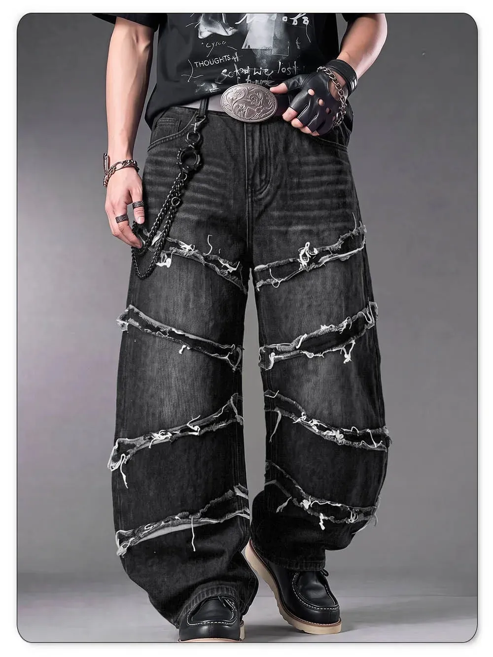 Gothic baggy jeans til mænd, rå flosset kant, dekonstrueret patchwork denimbukser med brede ben Y2K Punk Streetwear-bukser