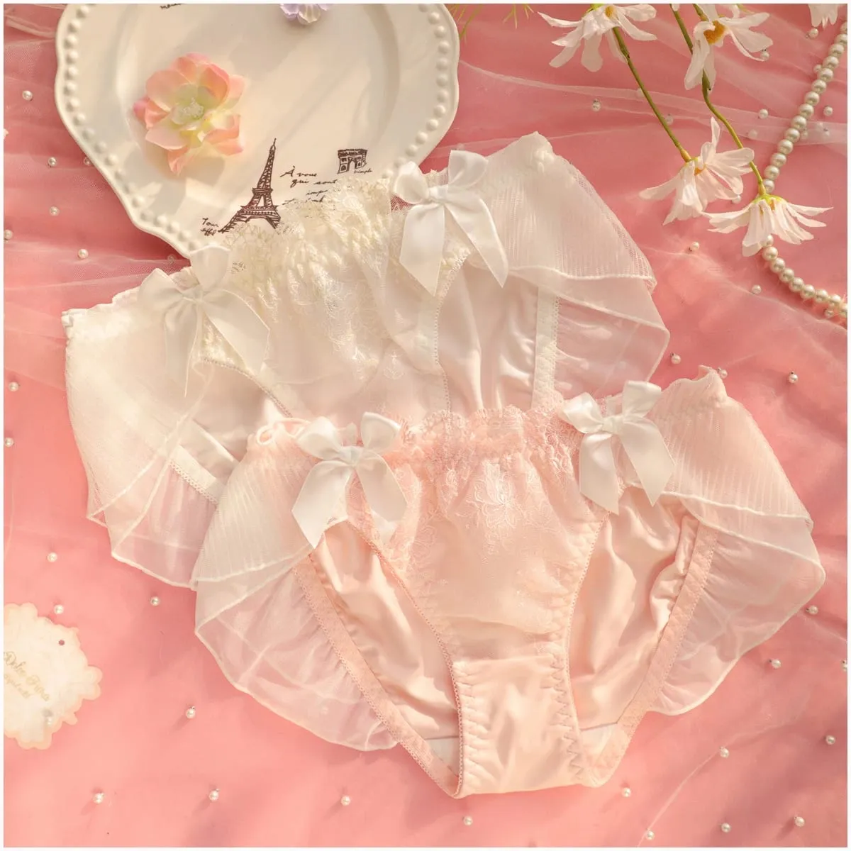 Embroidery thin section ruffled underwear girls sweet and lovely lingerie breifs sets three buckle gathered ladies bra set — image 6