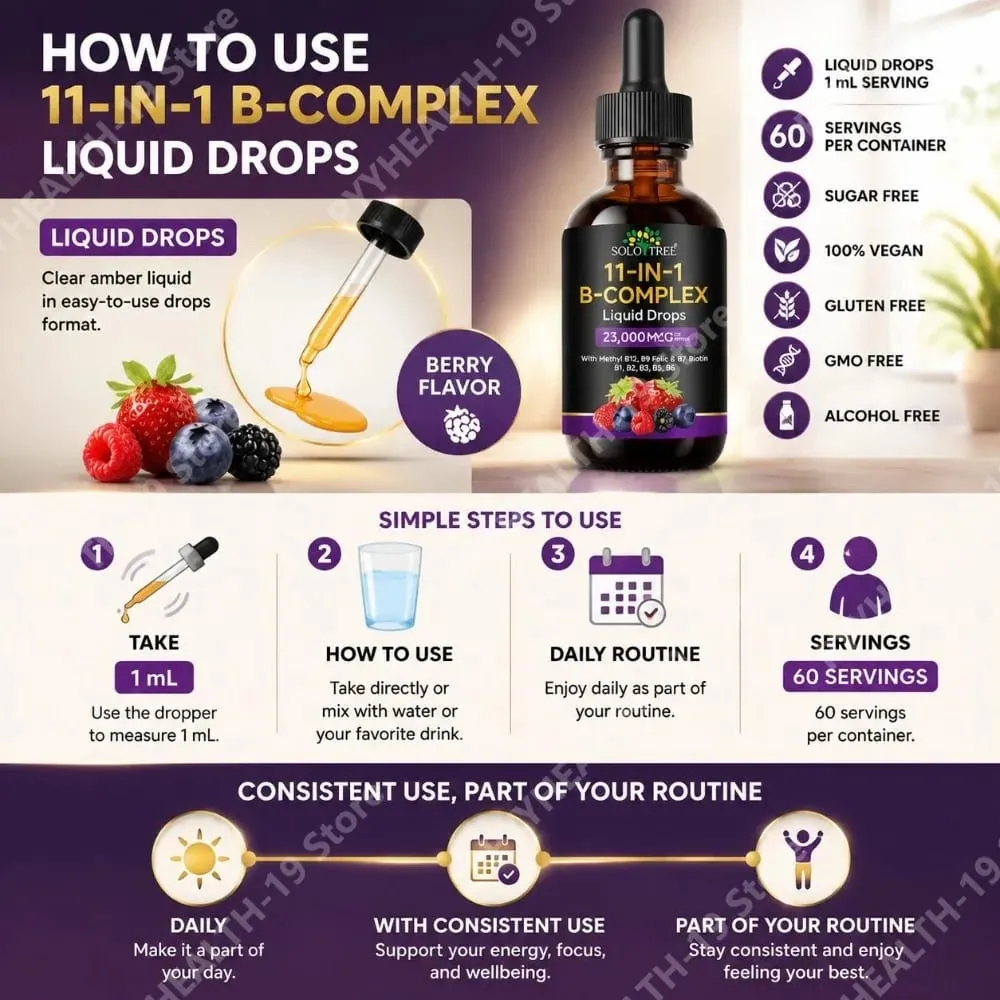 B-Complex Liquid Drops 11-in-1 Methyl B12 Folate Biotin For Energy Focus & Brain Nervous Support Formula Adult 60ml — image 5