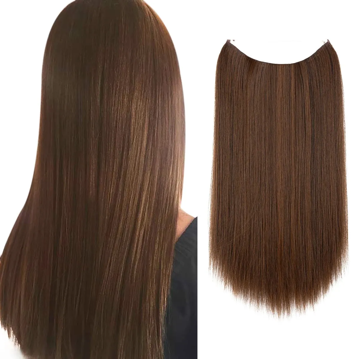 Estensioni per capelli con filo invisibile sintetico resistente al calore premium con clip Posticci Capelli lunghi lisci naturali finti per donna — image 9