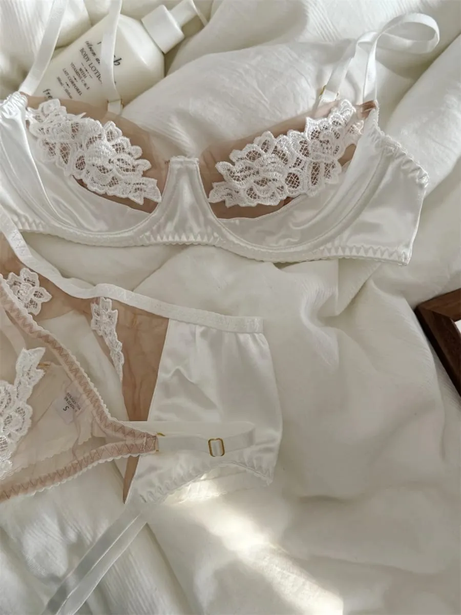 Lingerie con fiori ricamati, intimo in tre pezzi, reggiseni sottili, top traspirante, set reggiseno push up da donna di grandi dimensioni — image 5