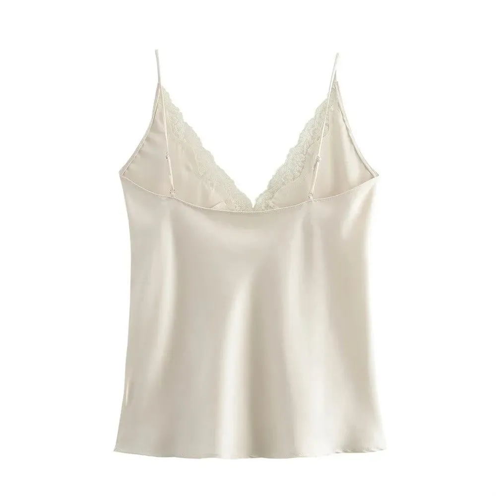 Casual Enfärgad spets Patchwork Tankar Spaghetti Rem Andas Satin Camisole Ärmlösa V-ringad Toppar Party Outfit — image 4