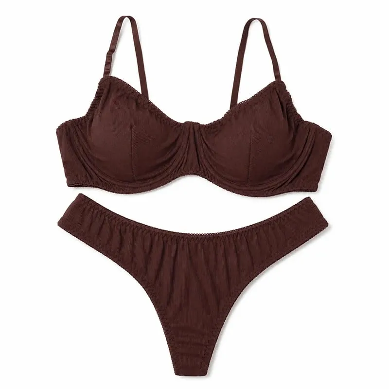 Set di biancheria intima da donna a costine tinta unita con ferretto e coppa sottile abbinato a perizoma a vita bassa morbido intimo quotidiano — image 11