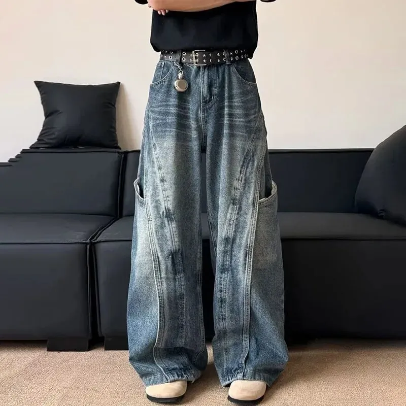 Wersja koreańska Męskie dżinsy z zakrzywionym nożem i luźnym wzorem retro Spodnie z prostymi nogawkami Casual, z dużą kieszenią i szerokimi nogawkami — image 2