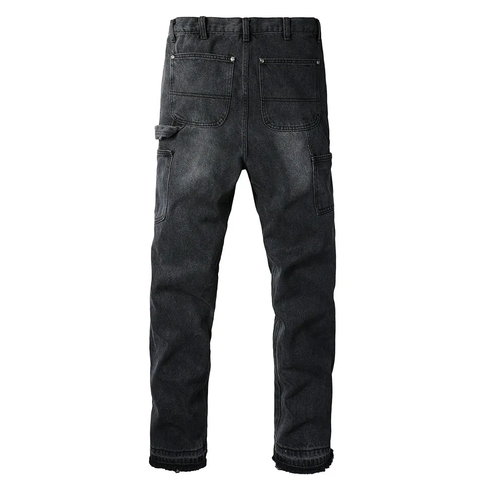 Mænd Patch Cargo Denim Jeans Streetwear Nitte Frigivet Hem Patchwork Bukser Knap Flue Løse Lige bomuldsbukser — image 2