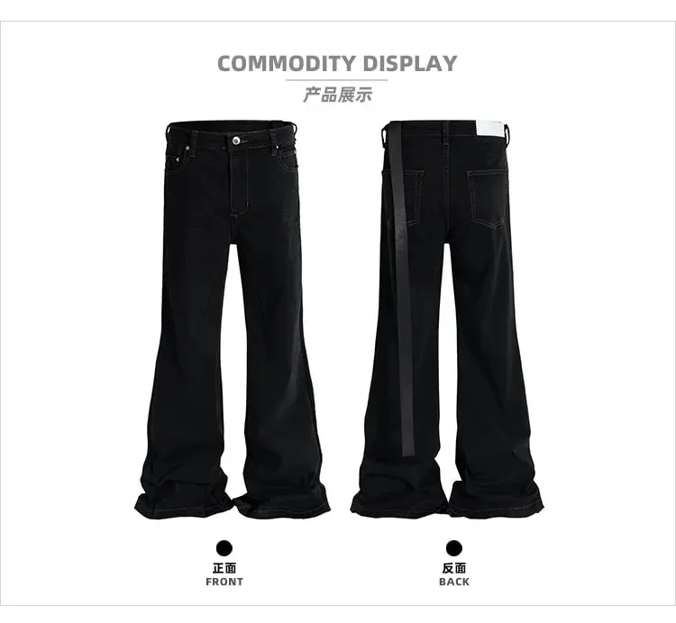 Ribbons Slightly Stretch Baggy Flared Jeans for Men High Street Black Color Boom Cut Oversized Casual Denim Trousers
