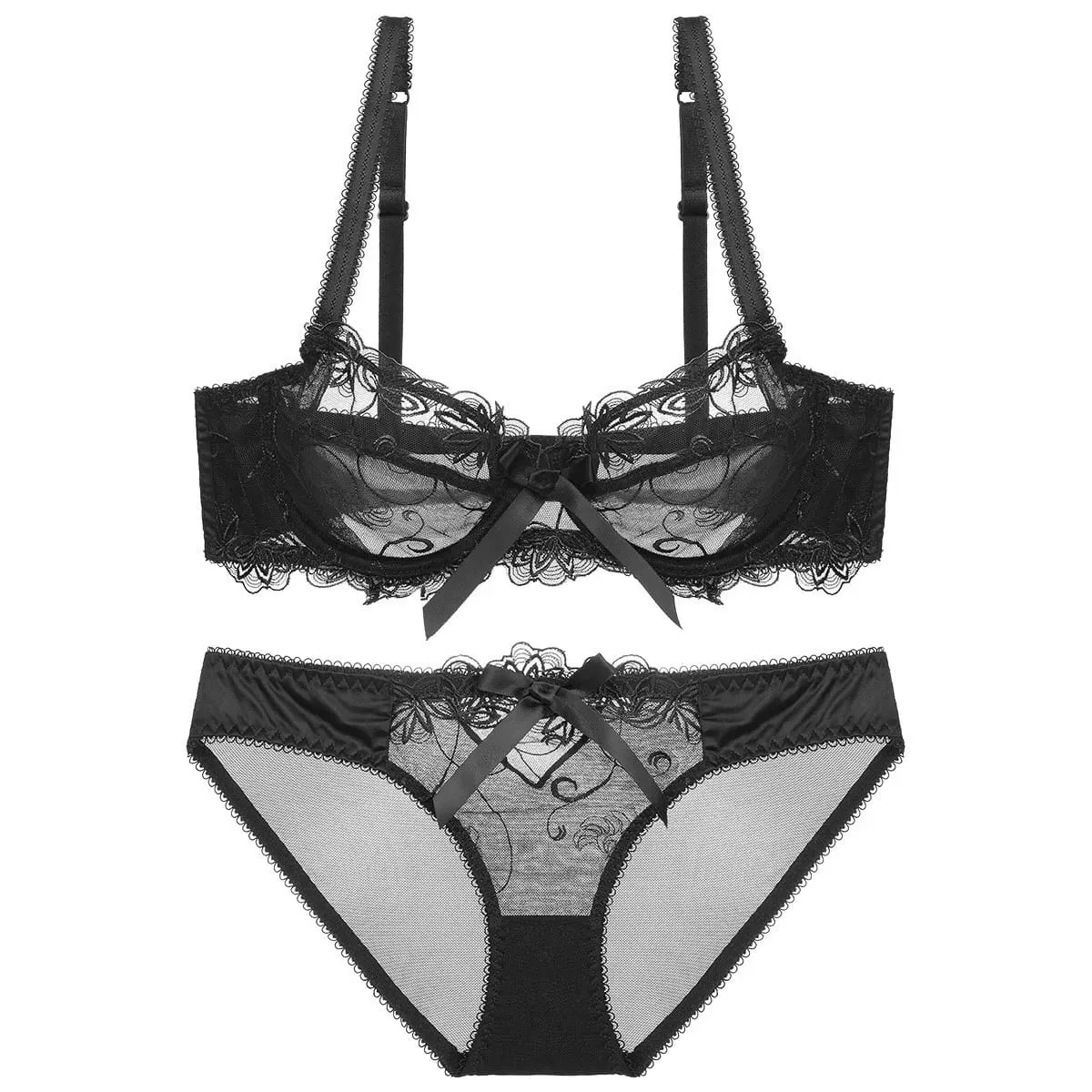 레이스 푸시 업 브래지어 세트 통기성 팬티얇은 메쉬 컵 투명 Behal 란제리 보우 자수 Flora Soutien Gorge — image 3