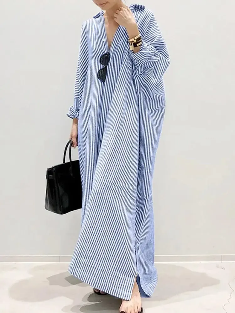 ZANZEA Gaun Sundress Pesta Pantai Motif Garis 2025 Gaun Kerah Lengan Panjang Wanita Bohemian Musim Semi Musim Gugur Gaun Kerah Longgar Kasual Mode — image 2