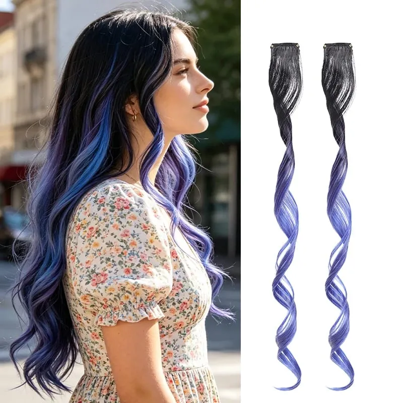 Farbverlaufswellen-Clip-in-Haarverlängerungen, 2 Stück, synthetische Faserfarbe – blockiertes Quastenohr – seitliche Färbung für tägliches Party-Cosplay — image 9
