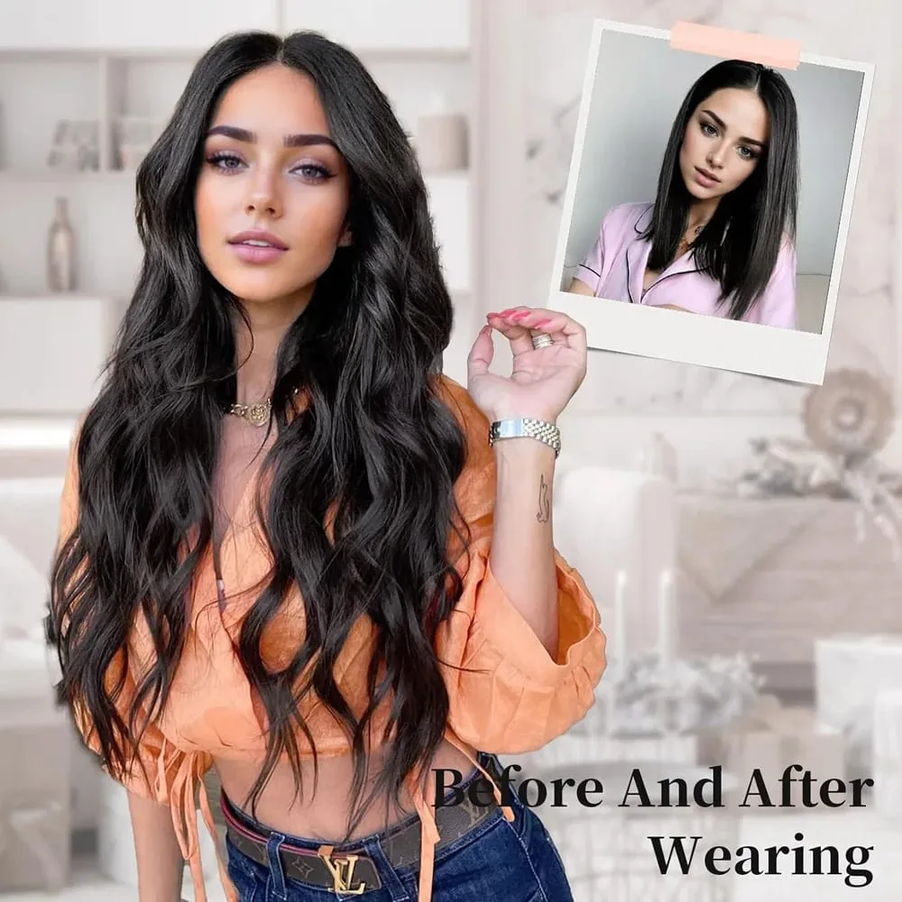 Black Halo Hair Extensions ที่มองไม่เห็นลวดปรับขนาด 22 นิ้วยาว Wavy Curly Hairpieces สำหรับผู้หญิงไม่มีคลิป — image 2