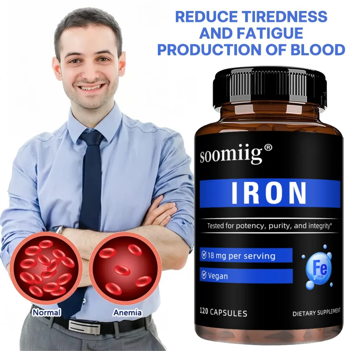 Capsules de fer, supplément de fer quotidien à haute absorption, soutient la concentration énergétique et le bien-être du corps, santé immunitaire et des globules rouges — image 2