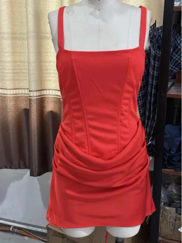 Mini vestiti sottili sexy a lisca di pesce da donna 2026 Estate solido scollo a V pieghettato senza maniche vestito aderente Fashion Lady Party Club Abiti — image 12