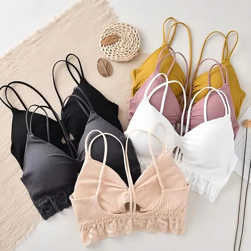 Canotta con retro a U Canotta da donna Crop Top Intimo senza fili Reggiseno con doppie spalline senza schienale Lingerie sexy Canotta imbottita in tinta unita — image 3