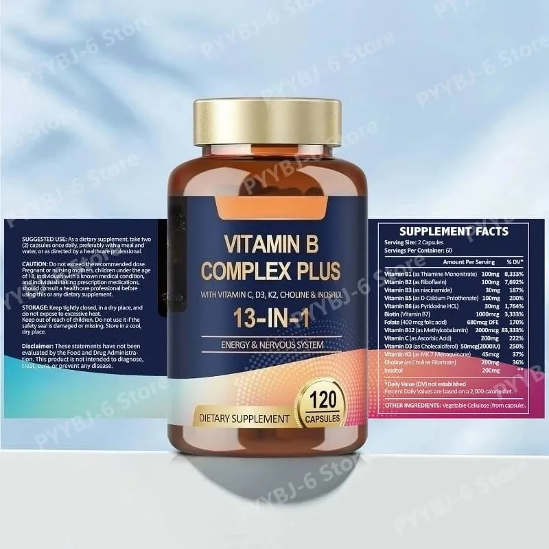 วิตามิน B Complex Plus13-in-1 120 มังสวิรัติแคปซูลพลังงานสนับสนุนสุขภาพภูมิคุ้มกัน Nerve Function Skin Wellness สารต้านอนุมูลอิสระอาหารเสริม — image 6