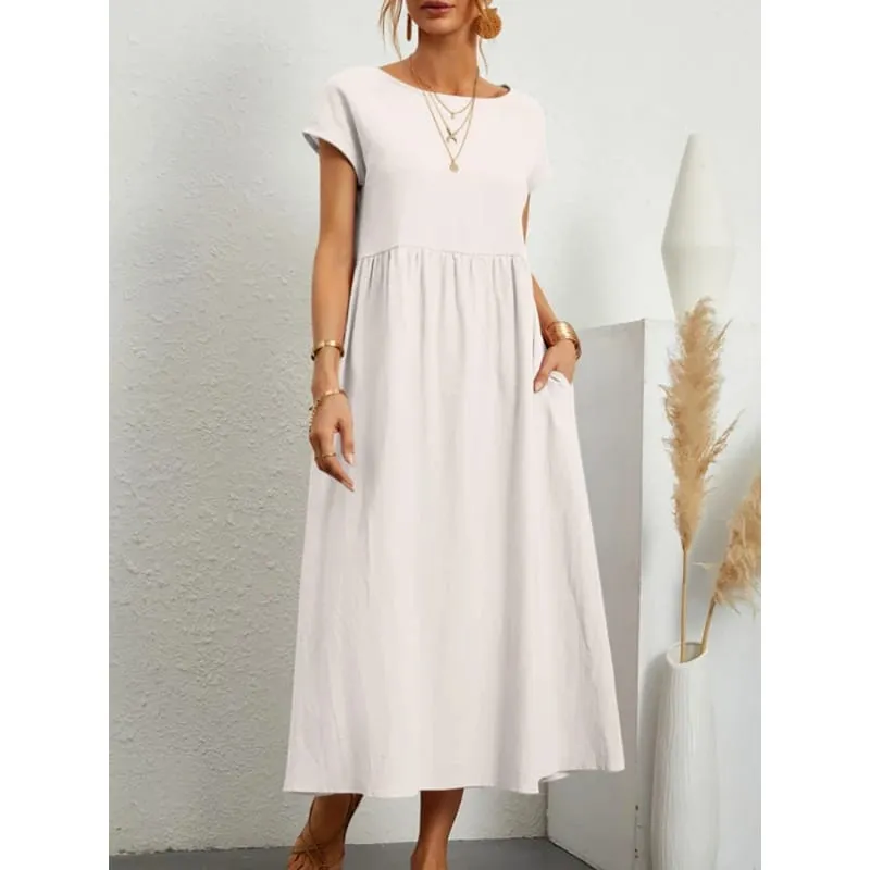 Gaun Linen Kapas Pepejal Premium yang Elegan Midi Musim Panas dengan Poket Longgar Leher Krew Kasual Lengan Pendek untuk Perjalanan Pantai — image 16