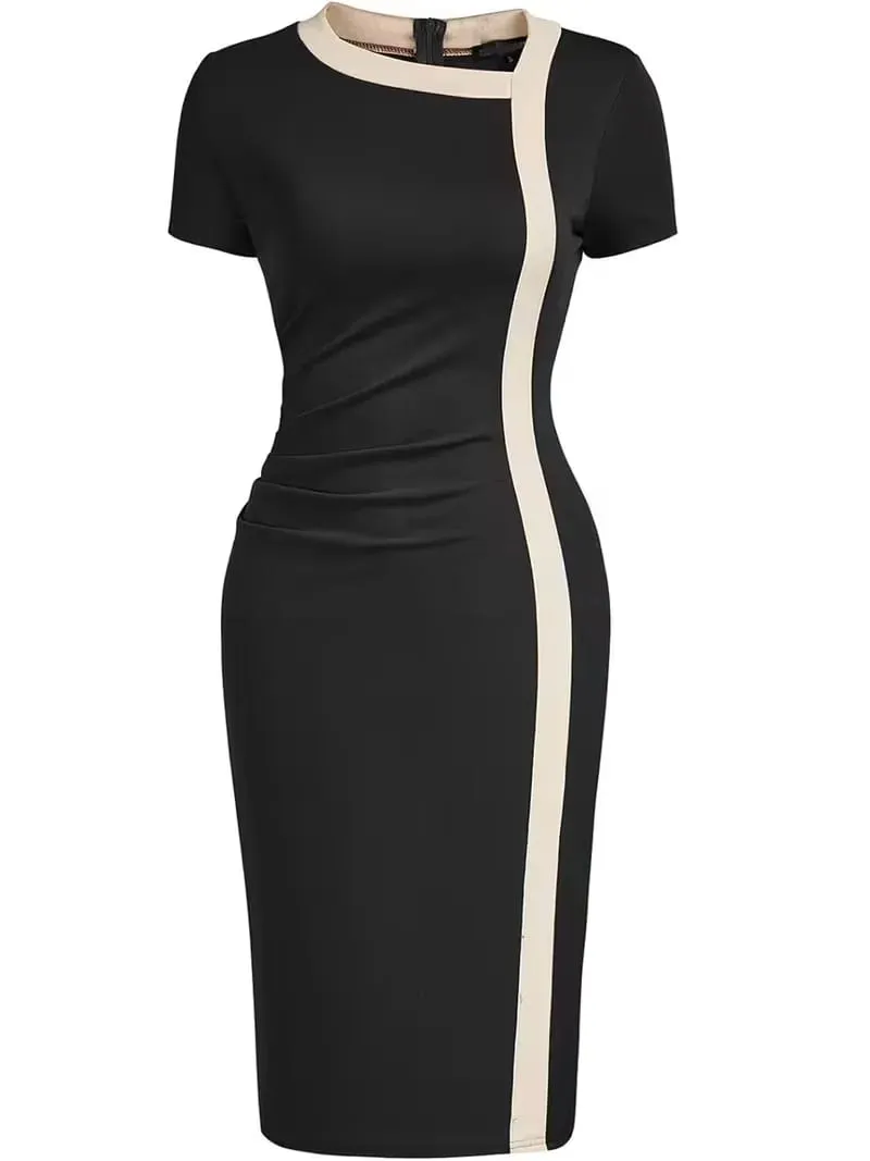 Women Elegant Color Block Asymmetrical Square Neck Short Sleeve Business Casual Work Knee Length Bodycon Pencil Dress — image 3
