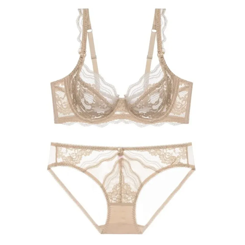 Plus Kích Thước Full Áo Ngực Quả Giá Bộ Áo Ngực Sheer Ren Hoa Mỏng Chống Chảy Xệ Hỗ Trợ Trong Suốt Quần Lót Nữ Thoáng Khí Dùng Thân Thiết — image 1