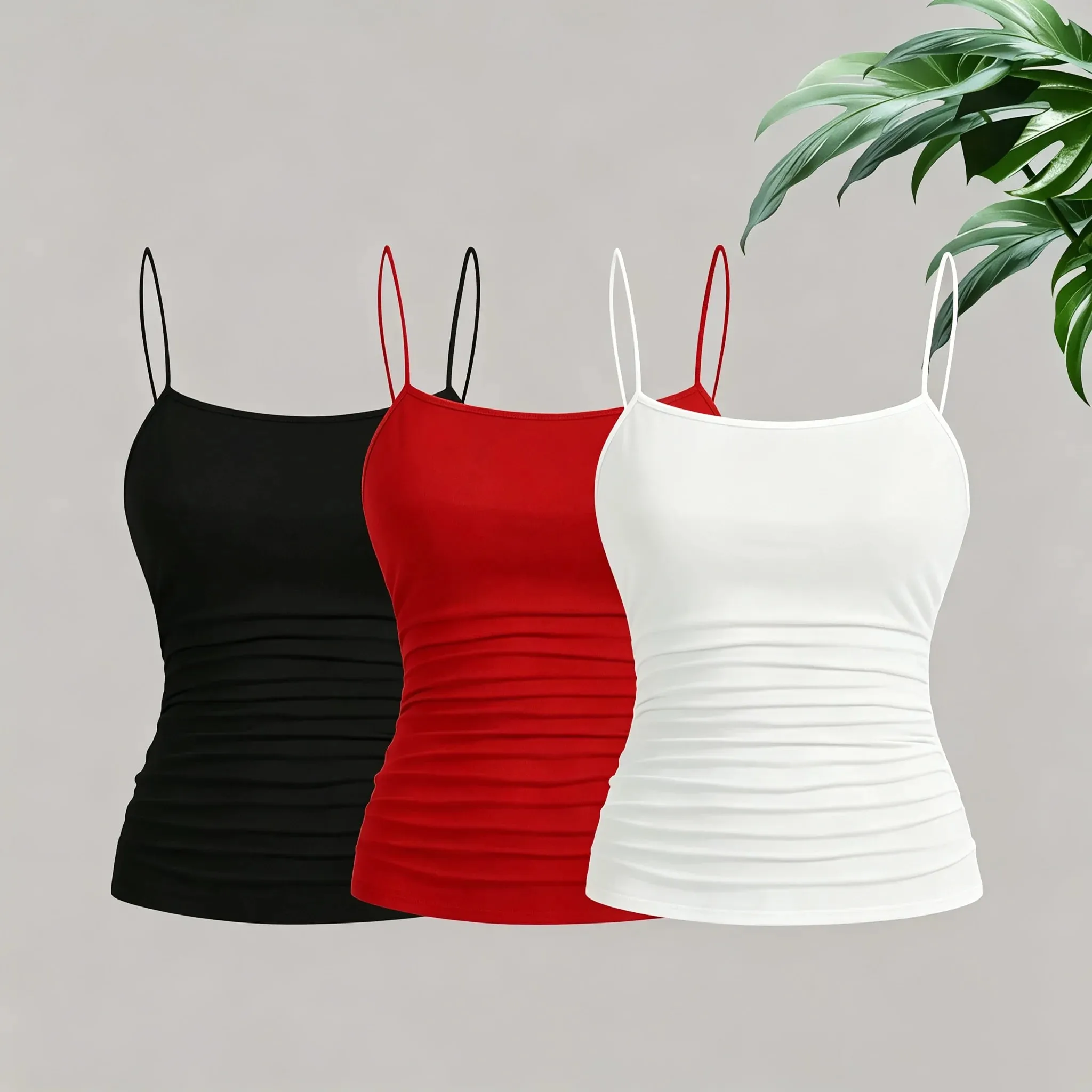 Femmes élégant mince sangle froncé Cami haut coupe ajustée sans manches Camisole doux extensible basique débardeur été sous-vêtements tendances Blac