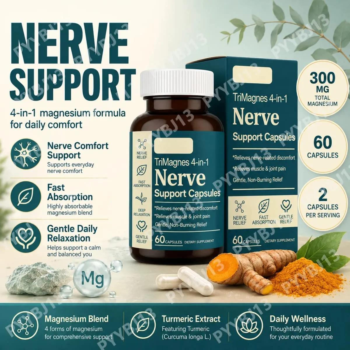 Capsule 4 in 1 di supporto nervoso al magnesio con citrato glicinato malato ed estratto di curcuma 60 CT formula ad assorbimento rapido — image 1