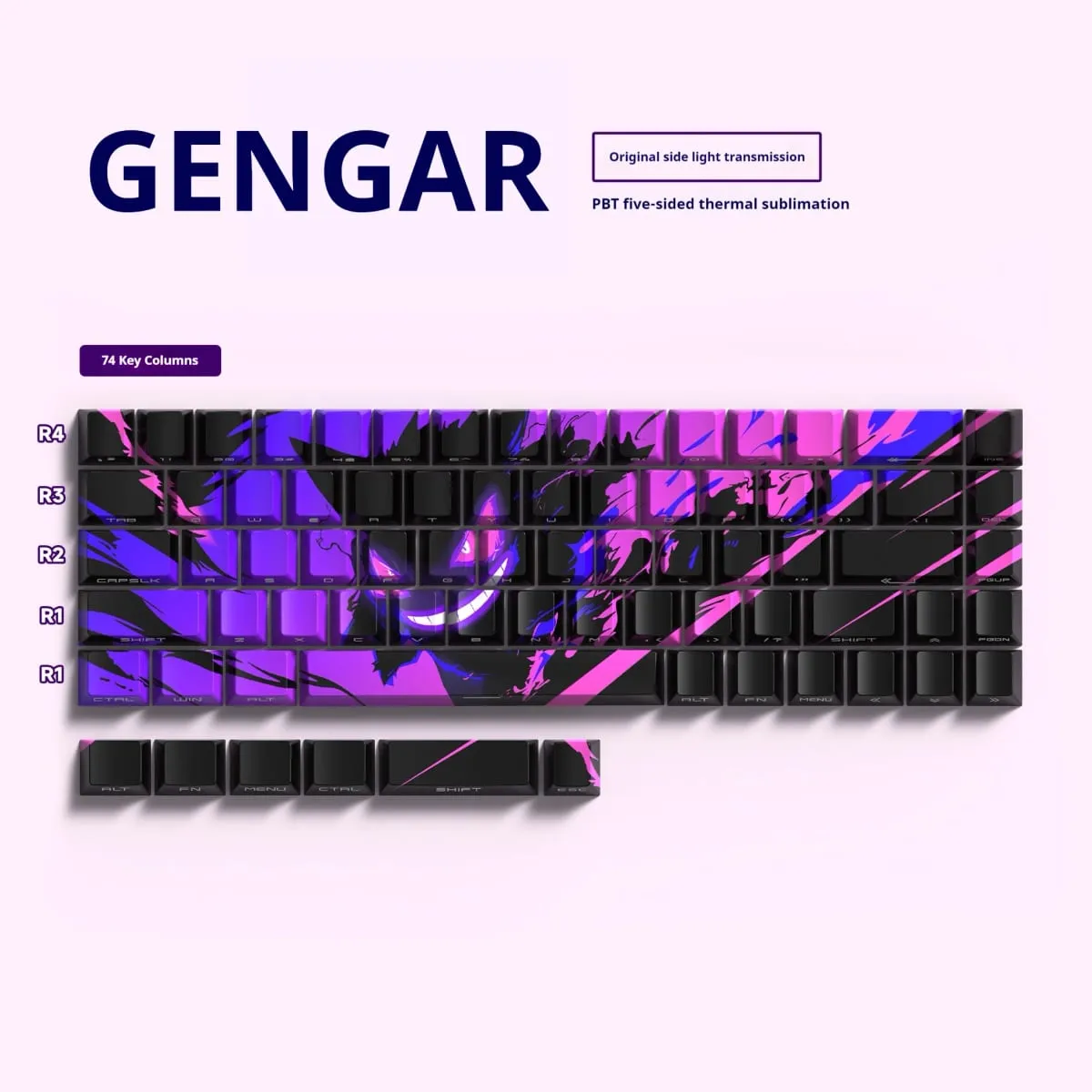 Gengar PBT 원래 공장 측면 새겨진 반투명 키 캡 68 키 129 키 PC 게이머 액세서리 용 E-스포츠 게임 키 캡 — image 1
